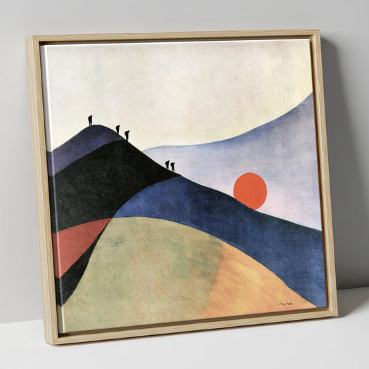 Silhouetted Hikers and Red Sun lake district fell canvas wall art in natural frame