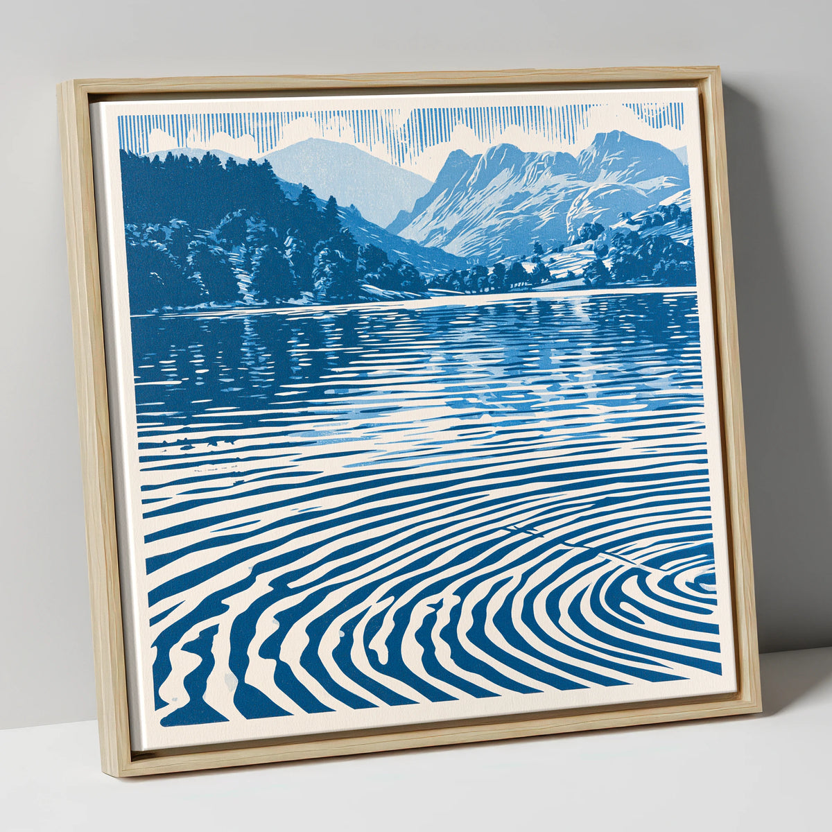 Cobalt Blue Lake at Dawn lake district lake canvas wall art in natural frame