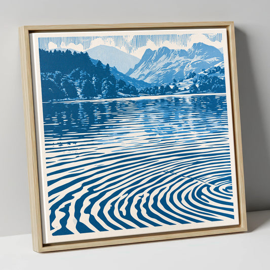 Cobalt Blue Lake at Dawn lake district lake canvas wall art in natural frame