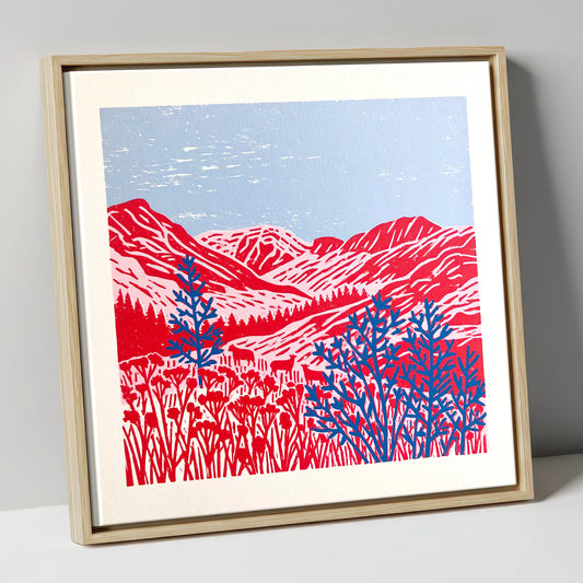 Vibrant Red Borrowdale Fells lake district valley canvas wall art in natural frame