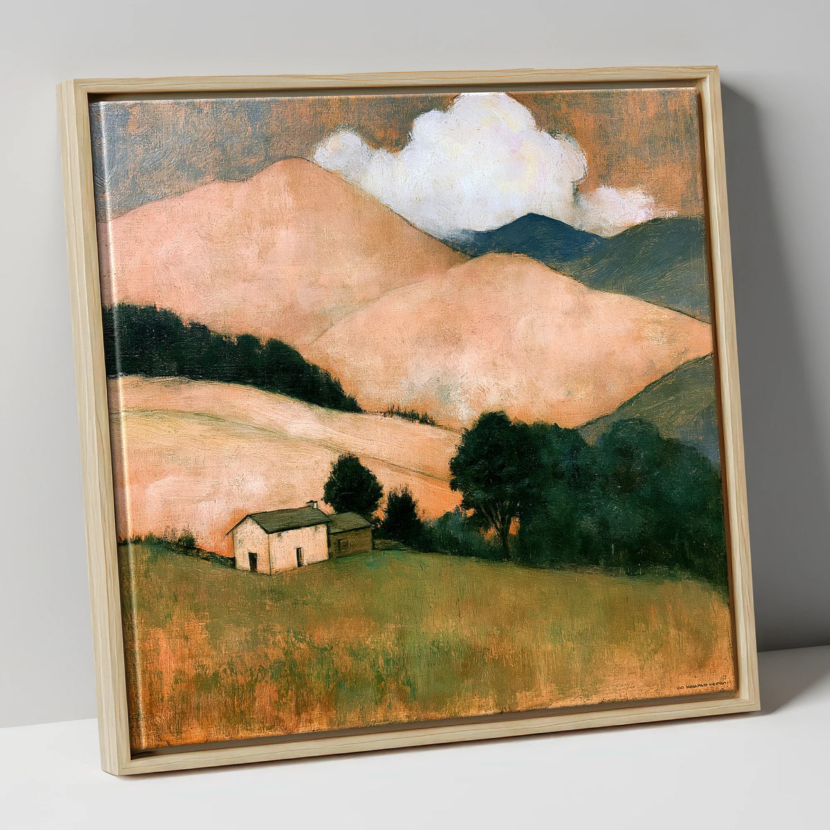 Warm Fells and White Farmhouse lake district fell canvas wall art in natural frame