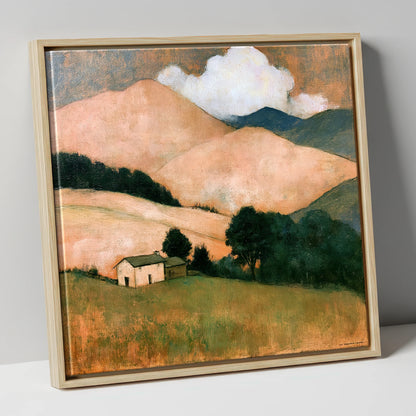 Warm Fells and White Farmhouse lake district fell canvas wall art in natural frame