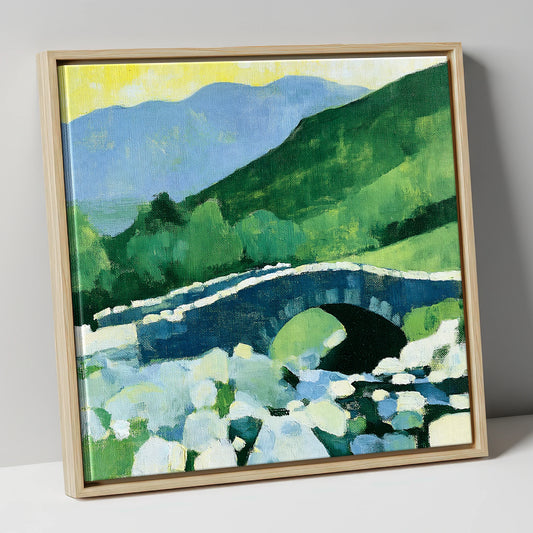 Ashness Bridge in Vibrant Teal lake district waterfall canvas wall art in natural frame