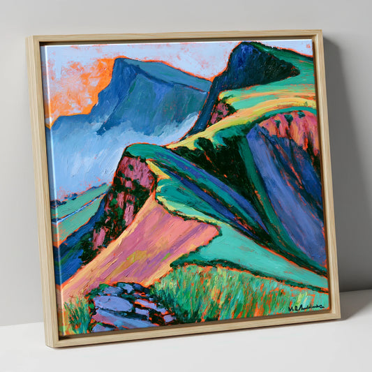 Vibrant Misty Mountain Ridge lake district fell canvas wall art in natural frame