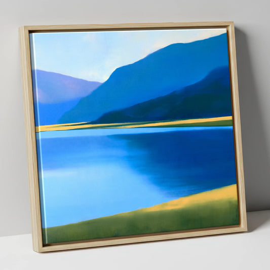 Blue Fells and Golden Shore lake district lake canvas wall art in natural frame