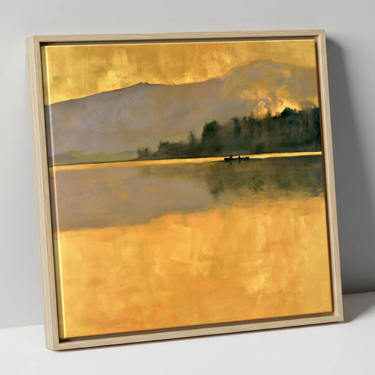 Still Lake in Golden Dawn lake district lake canvas wall art in natural frame