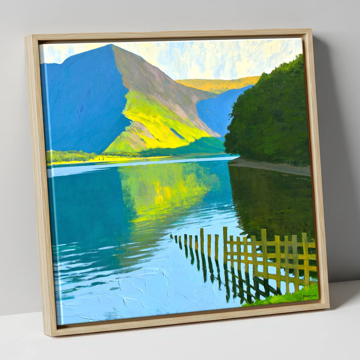 Buttermere Fence and Sunlit Fells lake district lake canvas wall art in natural frame