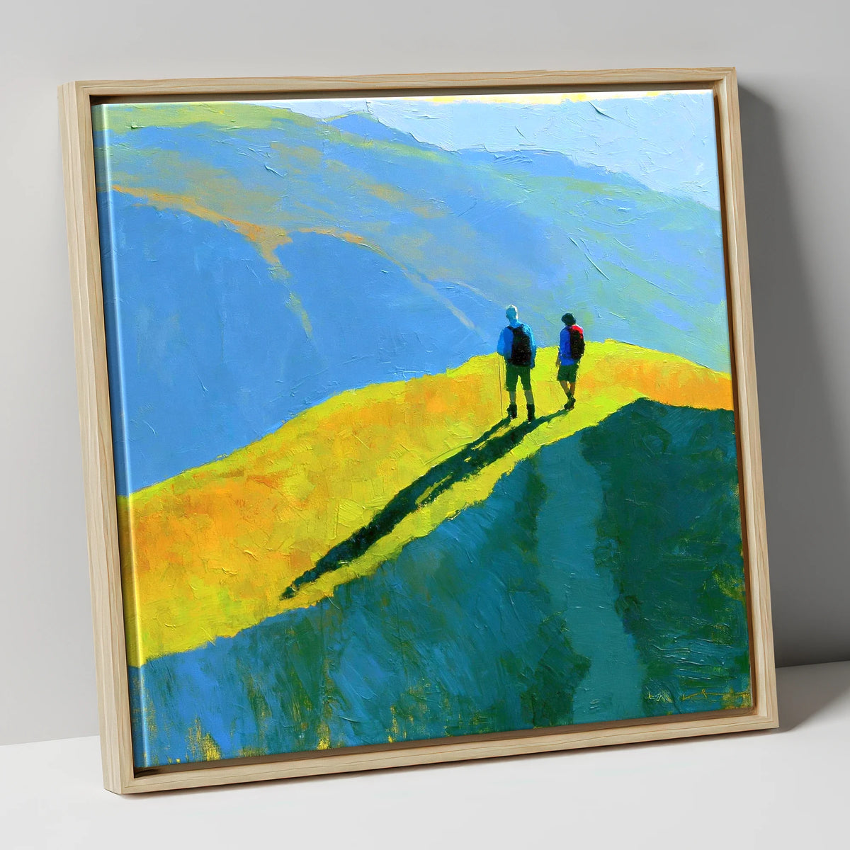 Fell Walkers on a Vibrant Sunlit Ridge lake district fell canvas wall art in natural frame