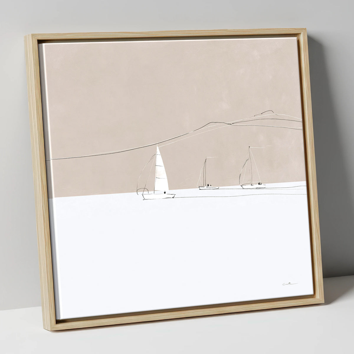 Minimalist Sailboats and Distant Fells lake district walking canvas wall art in natural frame