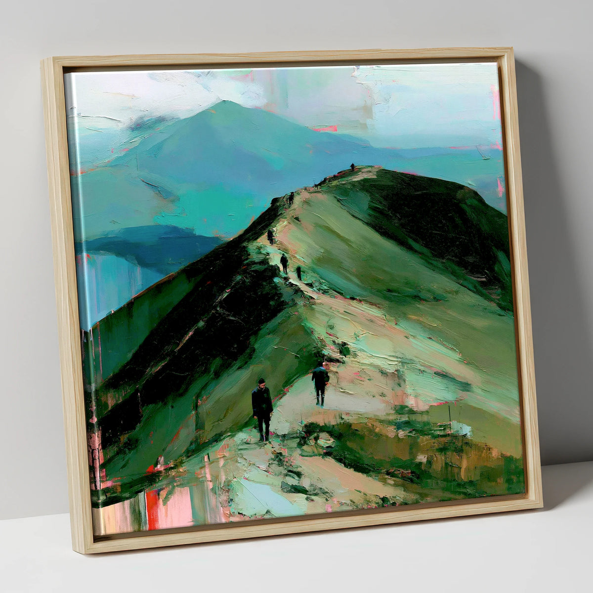Silhouetted Hikers on Fell Ridge lake district fell canvas wall art in natural frame