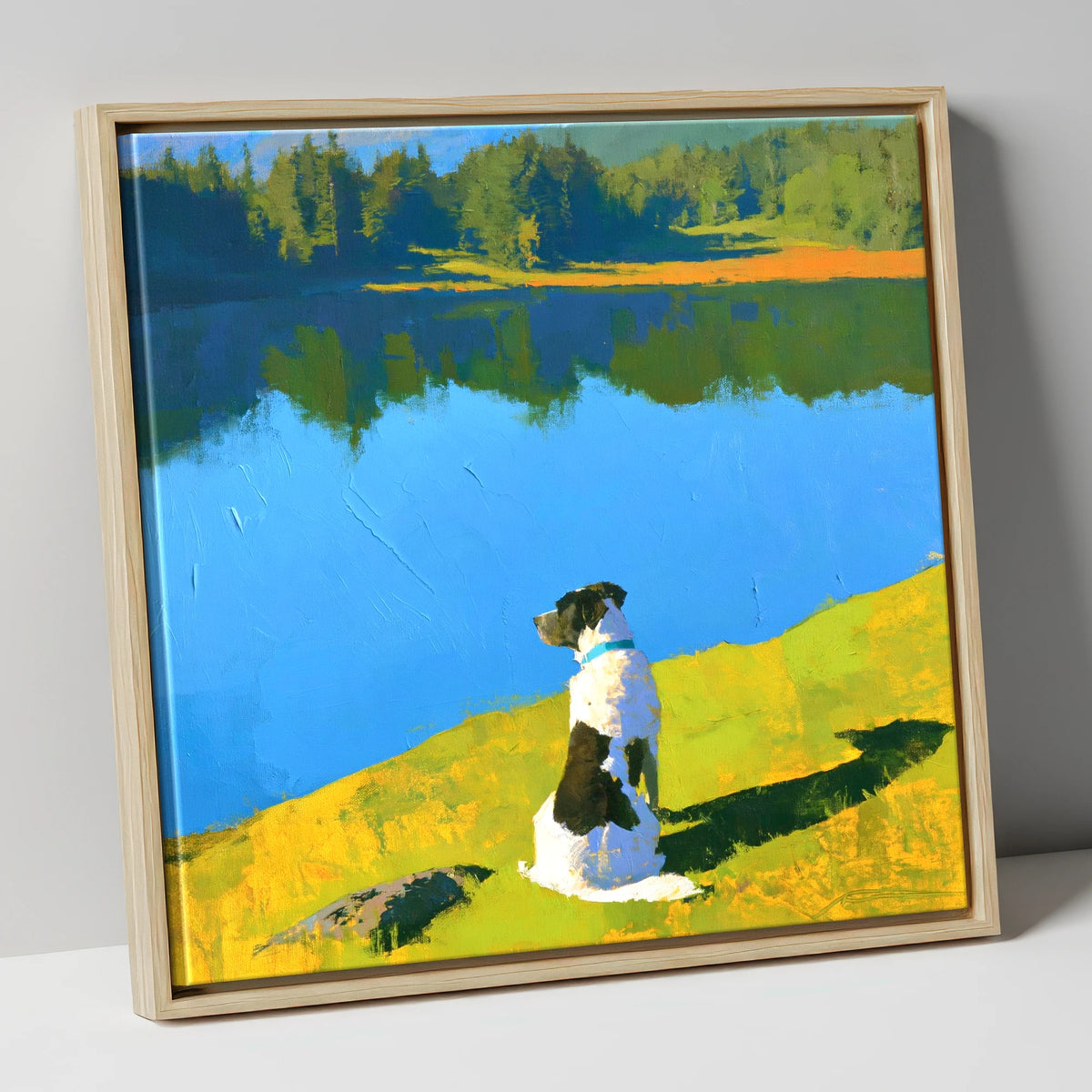 Sunlit Dog Beside Tarn Hows tarn hows wall art canvas wall art in natural frame