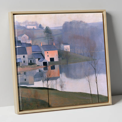 Pastel Lakeside Village Reflections lake district village canvas wall art in natural frame