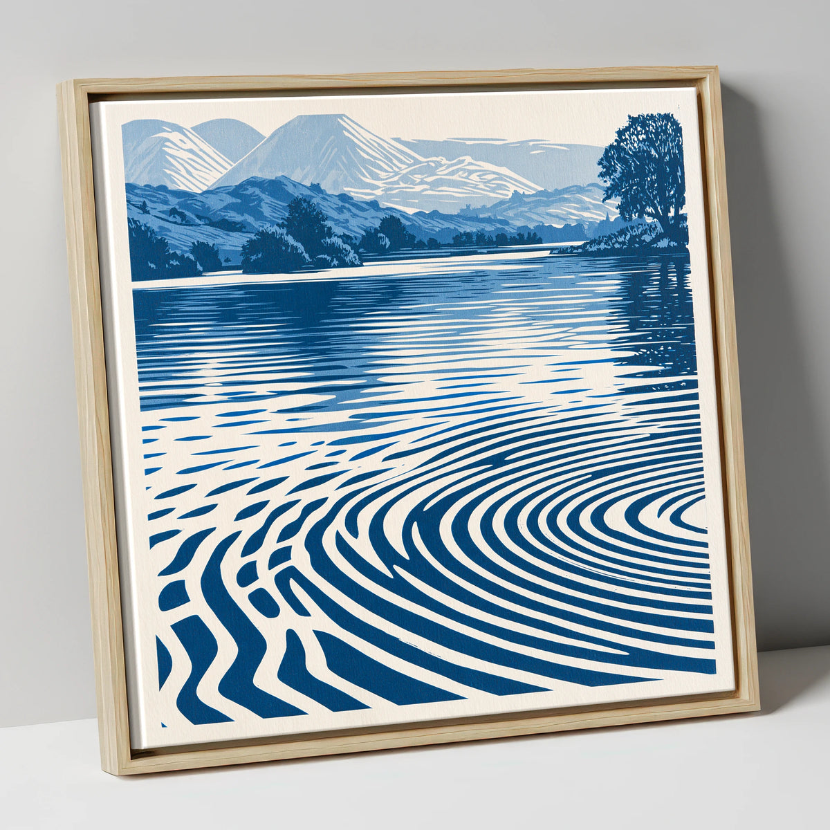 Calm Lake Ripples in Cobalt lake district lake canvas wall art in natural frame