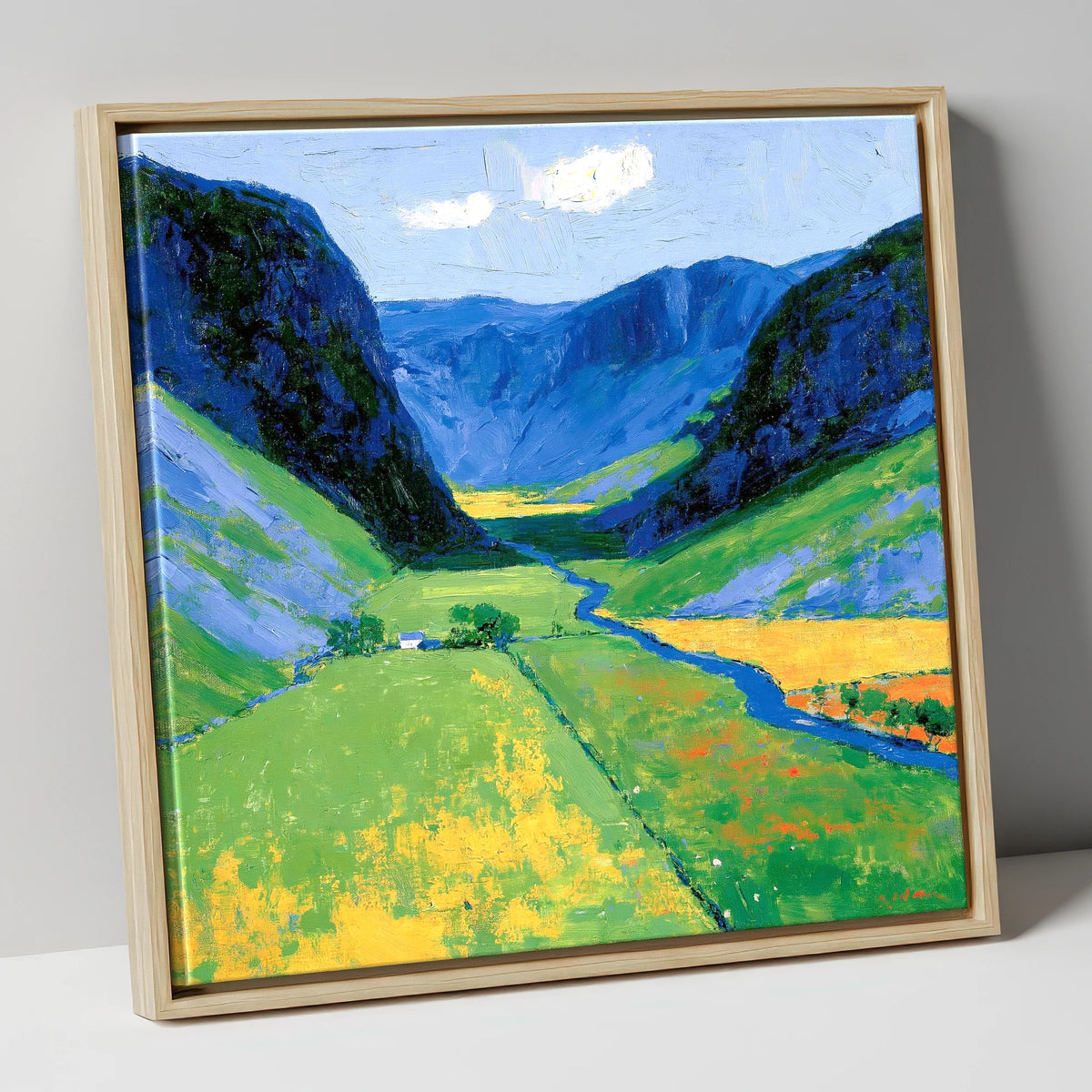Vivid Valley Beneath Blue Fells lake district valley canvas wall art in natural frame