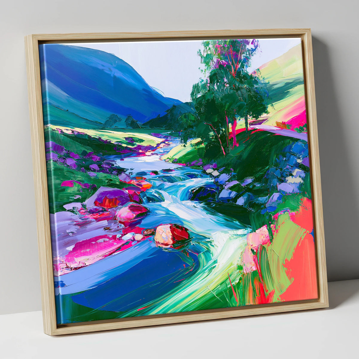 Electric Blue Rushing Fellside Beck lake district waterfall canvas wall art in natural frame
