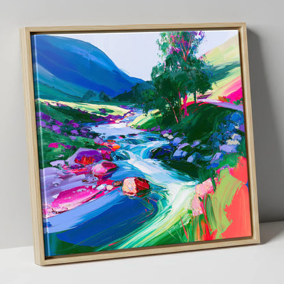 Electric Blue Rushing Fellside Beck lake district waterfall canvas wall art in natural frame