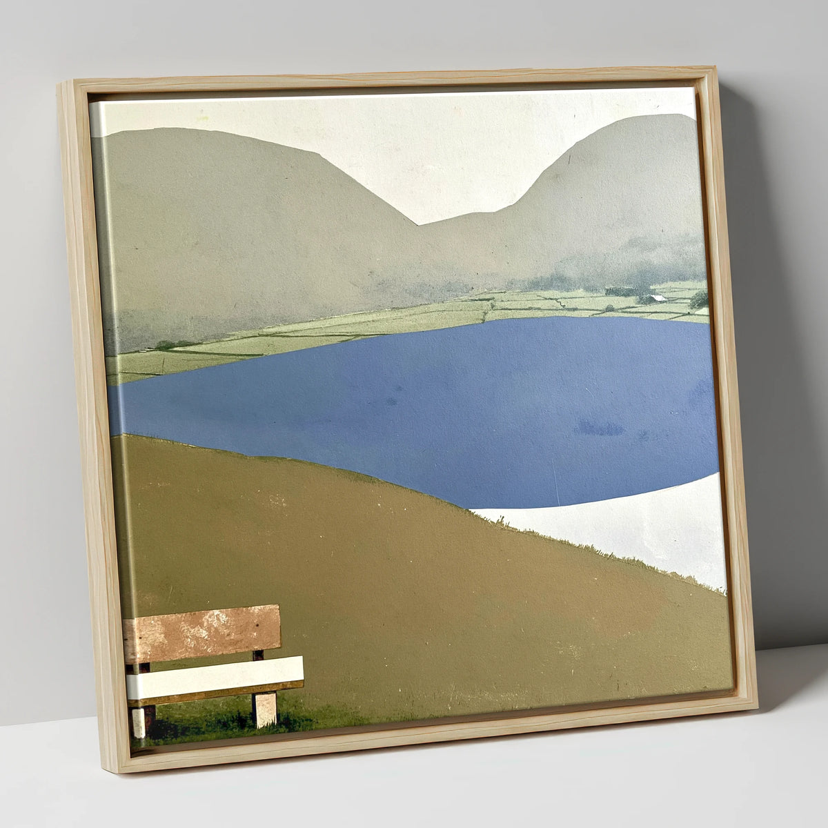 Bench Above Slate Blue Loweswater lake district lake canvas wall art in natural frame