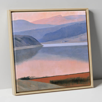 Lake and Fells in Dusk Pink lake district lake canvas wall art in natural frame