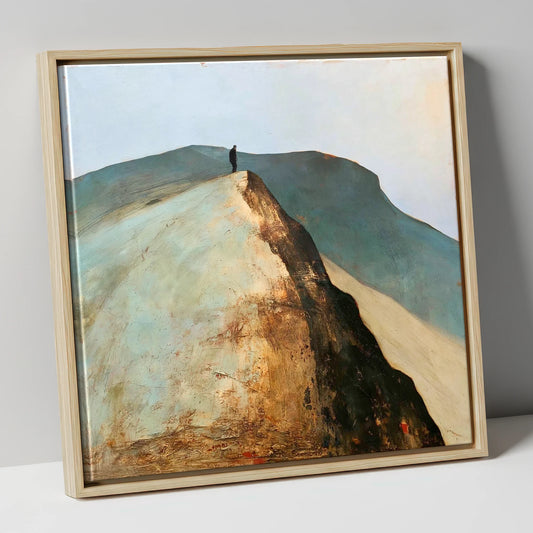Walker on Golden Striding Edge lake district walking canvas wall art in natural frame