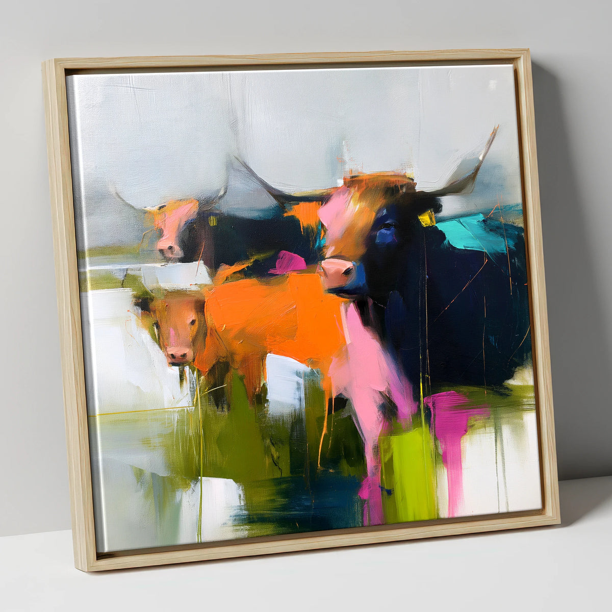 Abstract Highland Cattle Grazing lake district wildlife canvas wall art in natural frame