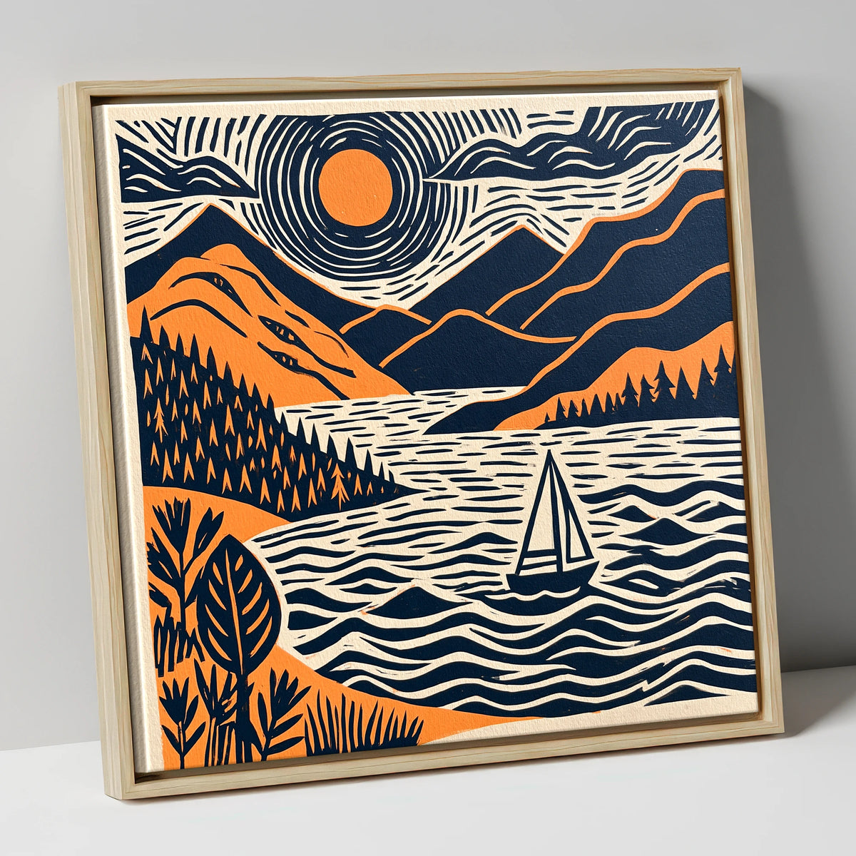 Windermere Sailboat Beneath Radiating Sun lake district lake canvas wall art in natural frame