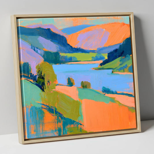 Vivid Orange Fells and Lake lake district lake canvas wall art in natural frame