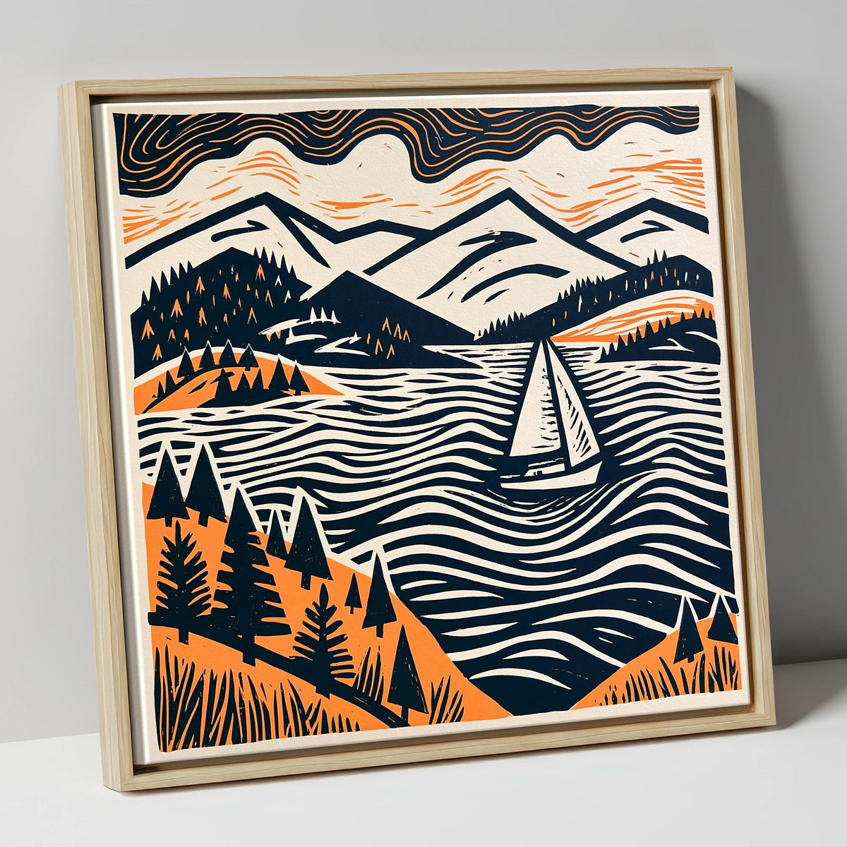 Windermere Sailboat in Terracotta and Navy lake district lake canvas wall art in natural frame