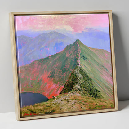 Striding Edge Beneath a Pink Sky lake district walking canvas wall art in natural frame