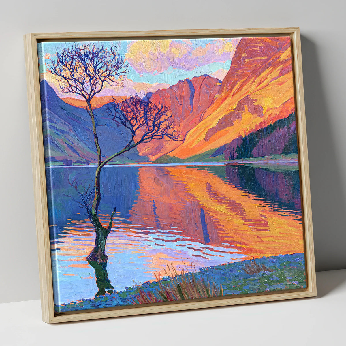 Vibrant Lone Tree at Buttermere lake district lake canvas wall art in natural frame