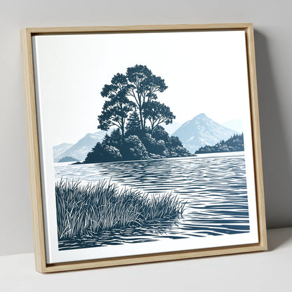 Derwentwater Island in Slate Blue lake district lake canvas wall art in natural frame