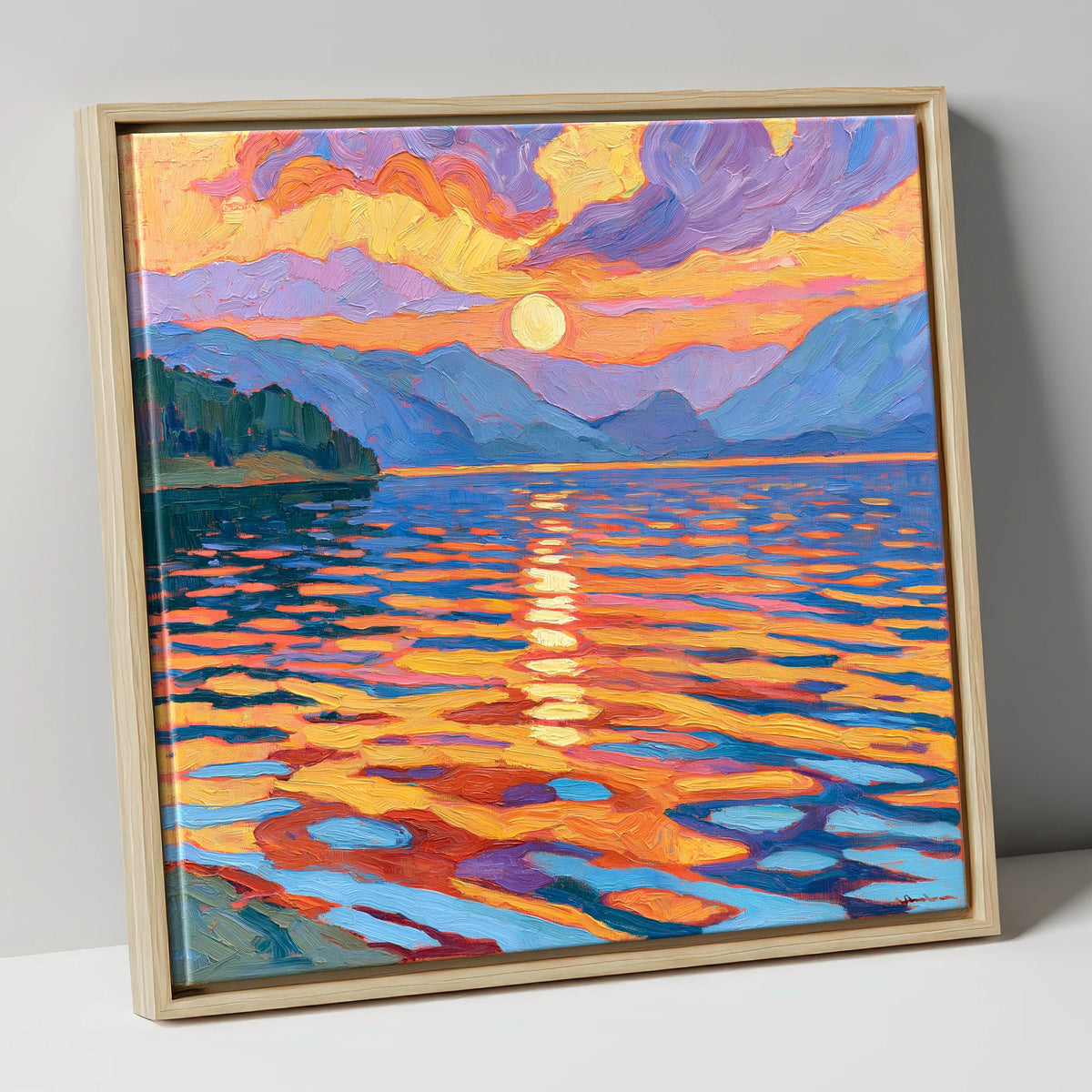 Vibrant Sunset Over Lake Water lake district lake canvas wall art in natural frame