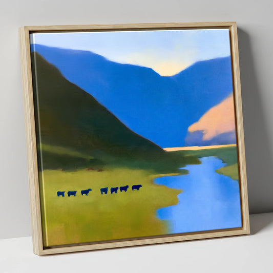 Deep Blue Fells and Valley Beck lake district valley canvas wall art in natural frame