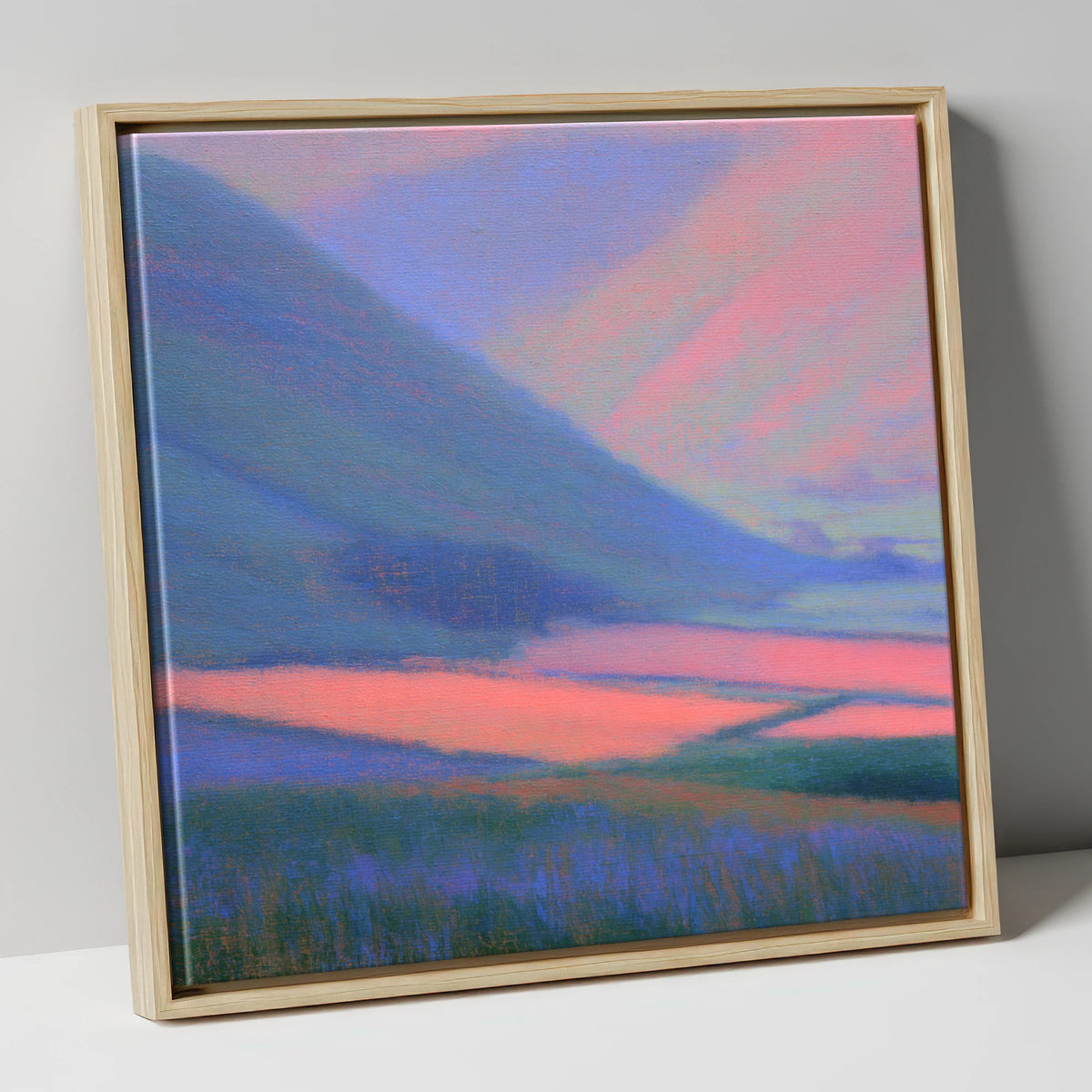 Pink Light on Dale Fields lake district valley canvas wall art in natural frame