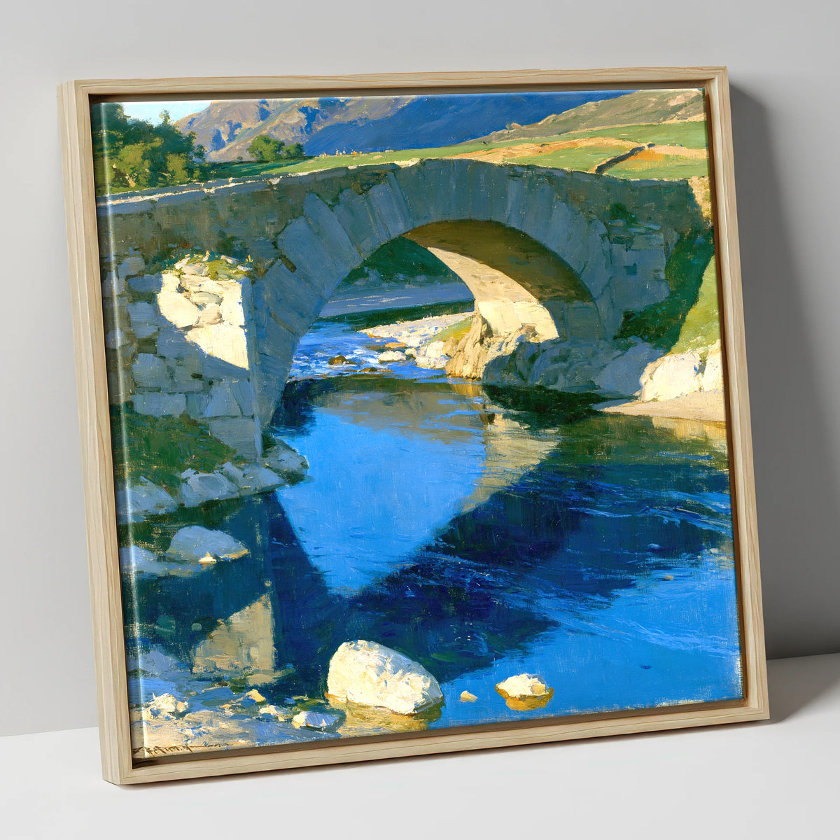 Stone Bridge over Blue Beck lake district waterfall canvas wall art in natural frame