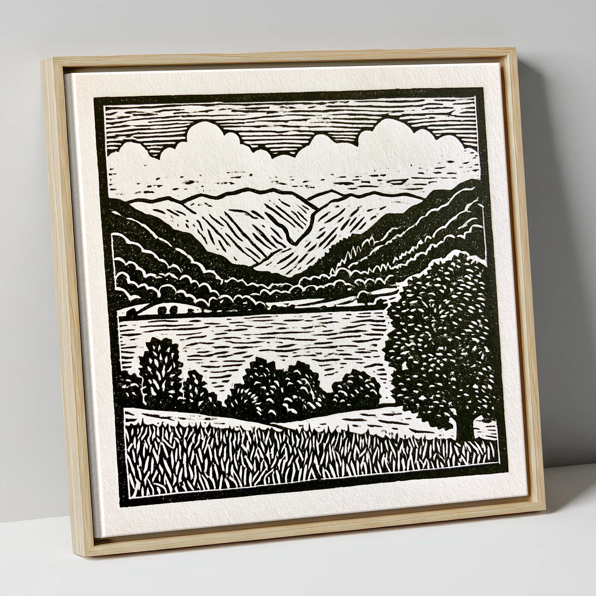 Grasmere and Fells in Monochrome lake district lake canvas wall art in natural frame