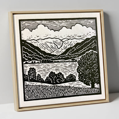 Grasmere and Fells in Monochrome lake district lake canvas wall art in natural frame