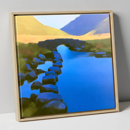 Vibrant Blue Stream and Bridge lake district waterfall canvas wall art in natural frame