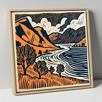 Rhythmic Ullswater Fells and Water lake district lake canvas wall art in natural frame