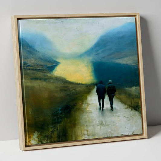 Walkers on a Glowing Mountain Path lake district walking canvas wall art in natural frame