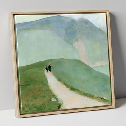Walkers on a Hazy Fell Path lake district walking canvas wall art in natural frame