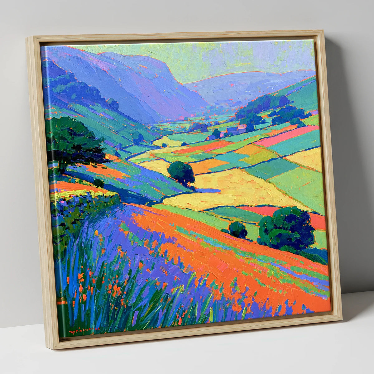 Colourful Patchwork Dale Fields lake district valley canvas wall art in natural frame