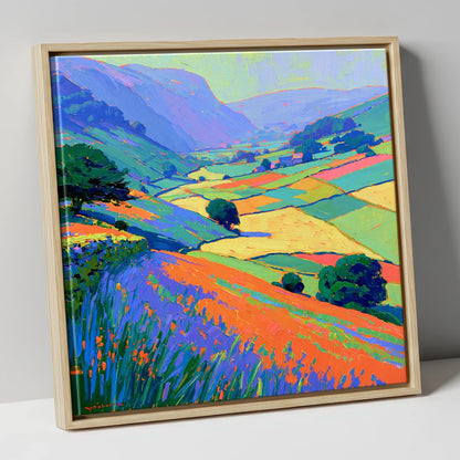 Colourful Patchwork Dale Fields lake district valley canvas wall art in natural frame