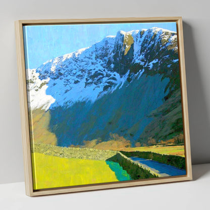 Vibrant Base Brown Snowy Ridge lake district fell canvas wall art in natural frame