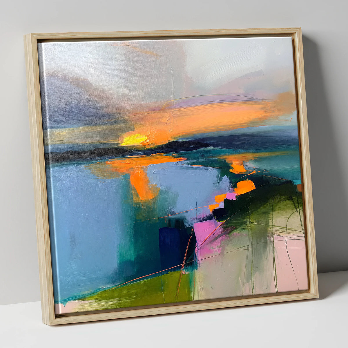 Abstract Sunset Over Lake Water lake district lake canvas wall art in natural frame