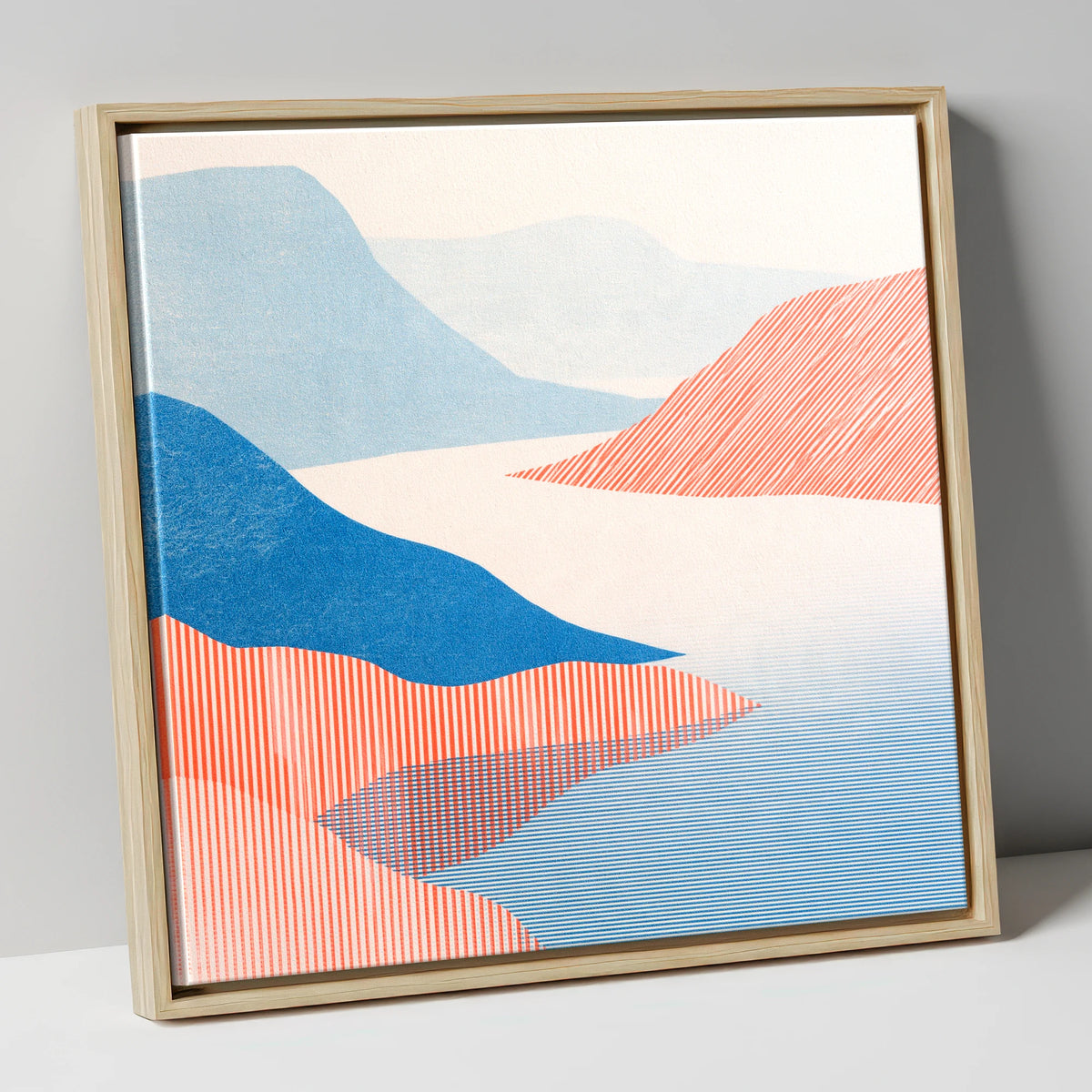 Coniston Water Fells in Coral lake district lake canvas wall art in natural frame