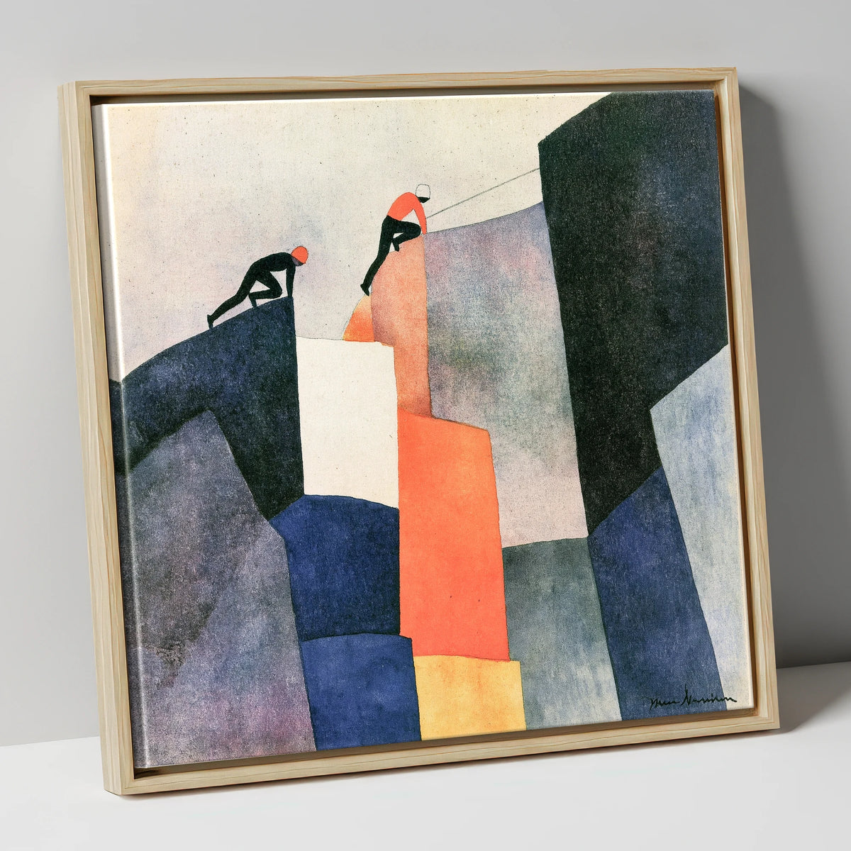 Climbers Ascending a Geometric Crag lake district walking canvas wall art in natural frame