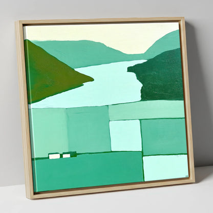 Abstract Loweswater In Mint Green lake district lake canvas wall art in natural frame