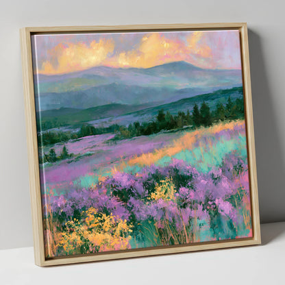 Vibrant Heather Fellside at Sunset flowers & fellsides canvas wall art in natural frame