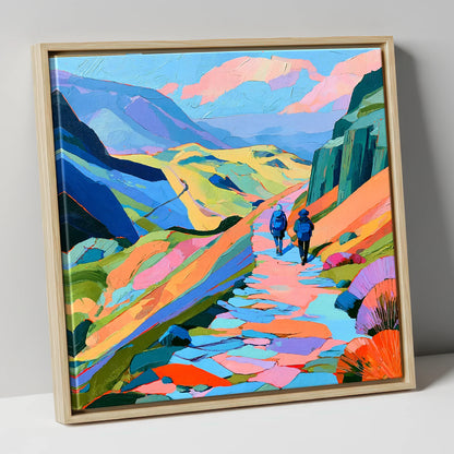 Walkers on a Vibrant Fell Path lake district walking canvas wall art in natural frame