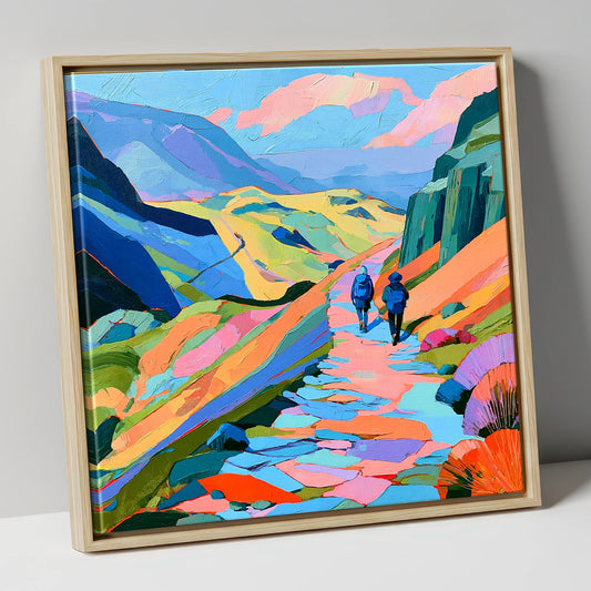 Walkers on a Vibrant Fell Path lake district walking canvas wall art in natural frame
